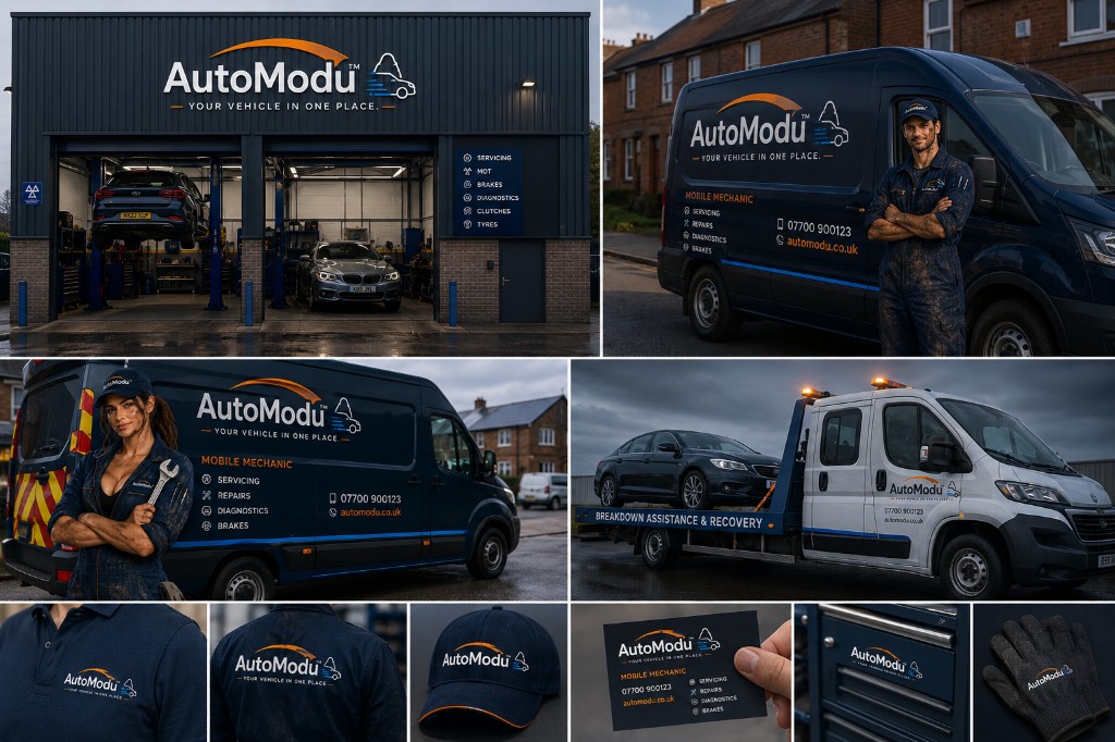 AutoModu franchise branding rollout: garage signage, mobile mechanic vans, recovery truck, workwear, and print materials