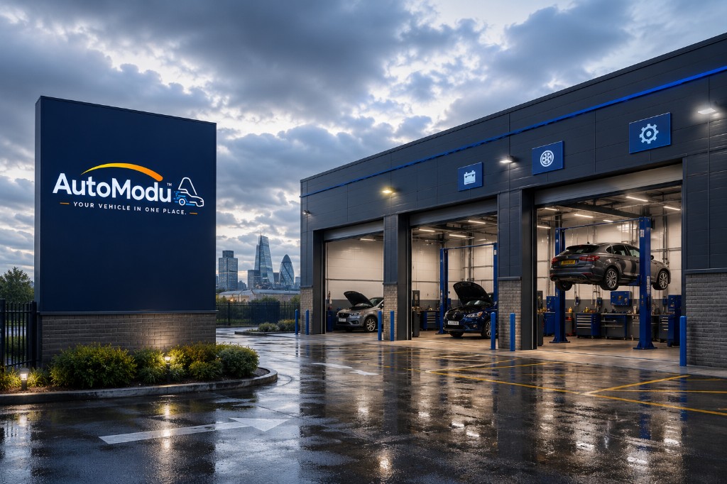 AutoModu-branded signboard — print-ready artwork included in every franchise branding kit.