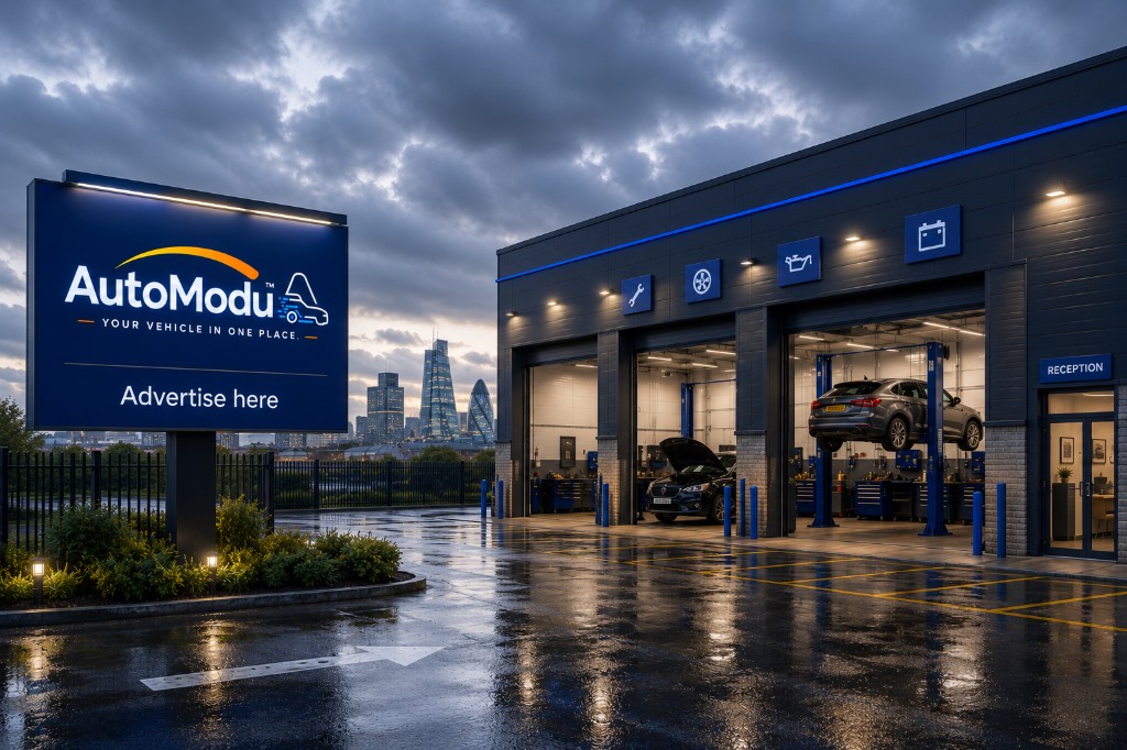 Co-branded workshop bay and reception area — one banner set per linked garage location.