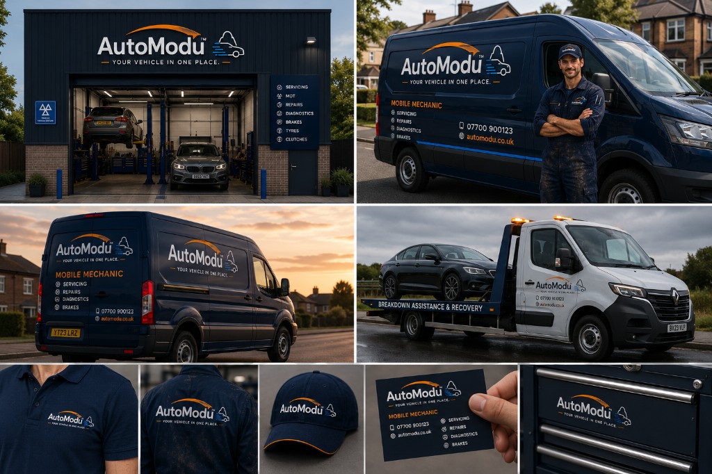 Workshop, mobile mechanic, recovery, and branded workwear — AutoModu branding works across every garage type.