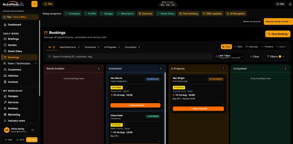 AutoModu Bookings board with scheduled and in-progress job cards