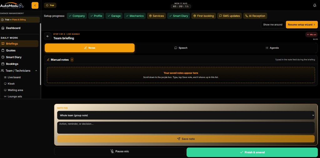 AutoModu Team briefing live huddle with notes, speech, and agenda