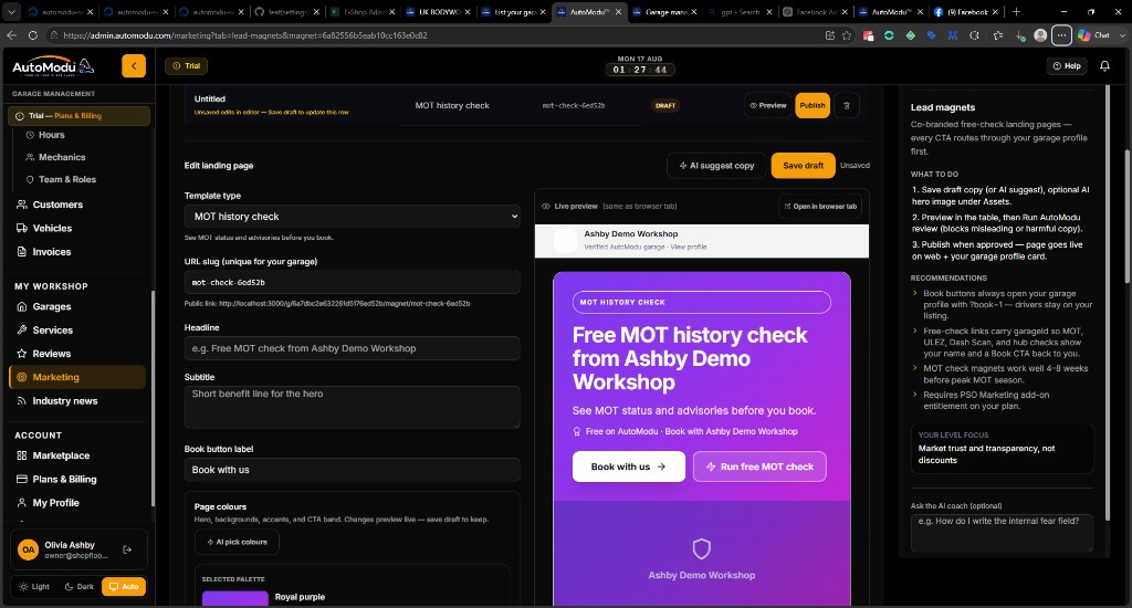 AutoModu Marketing lead-magnet editor with AI suggest copy and a live page preview