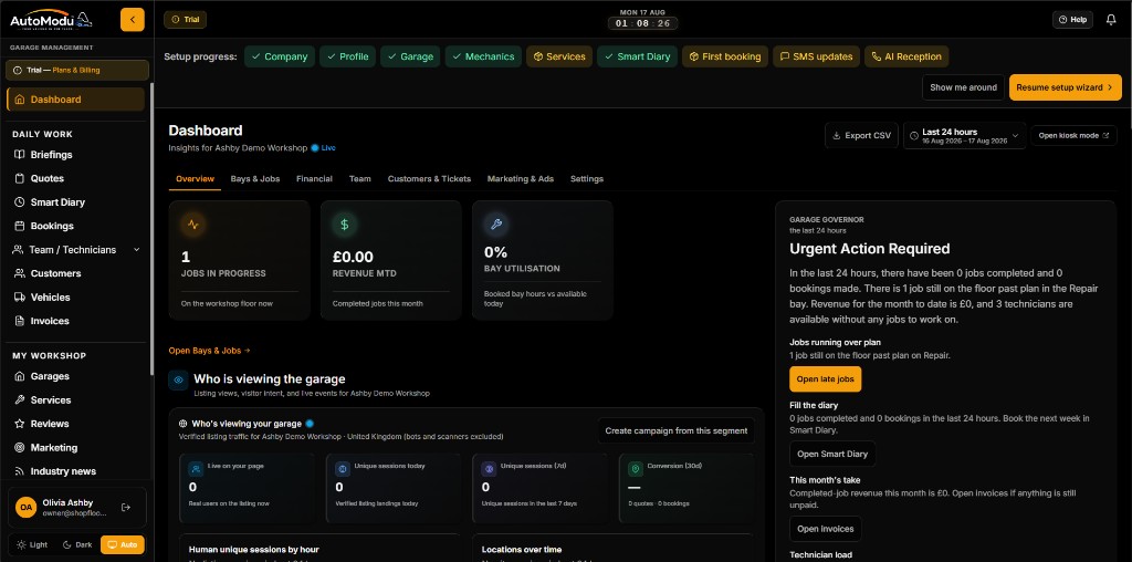 AutoModu Overview dashboard with jobs, revenue, bay utilisation, and Garage Governor