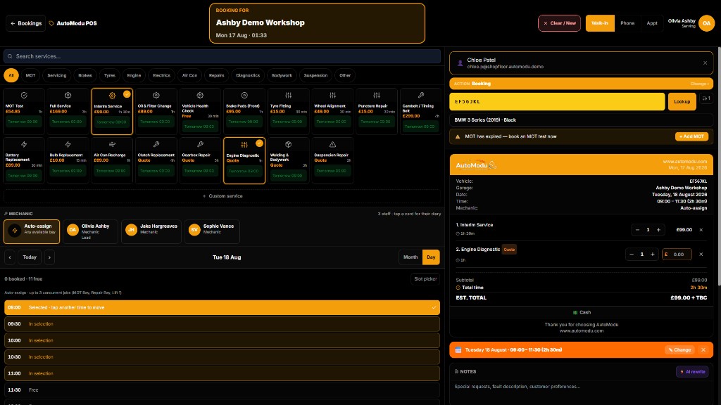 AutoModu Bookings POS terminal with services, mechanic, time slots, and ticket total