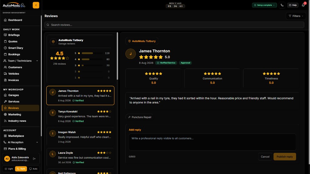 AutoModu Reviews inbox with rating summary, feedback list, and publish reply