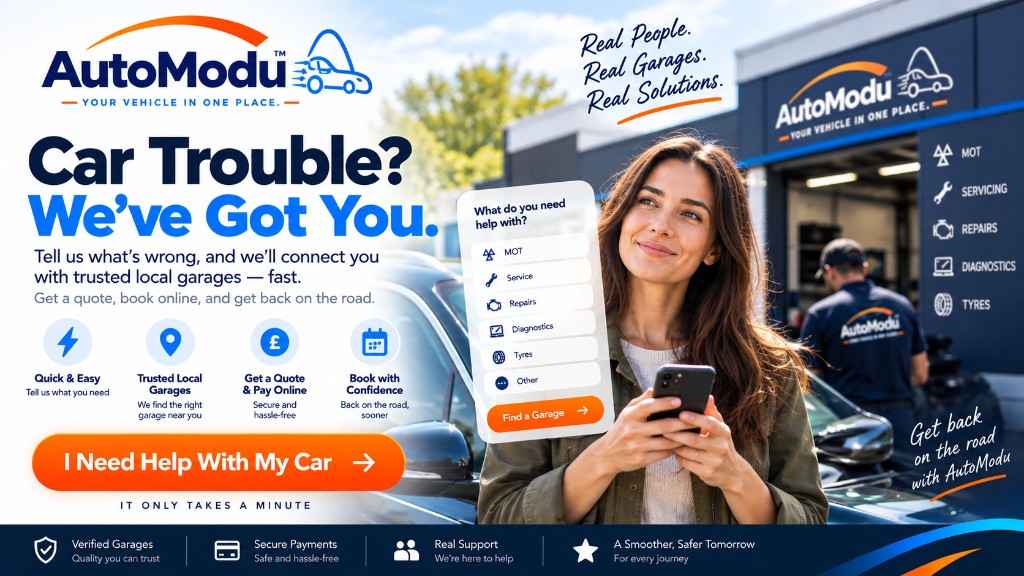 AutoModu: motorist on the phone while a mechanic services a car at a local garage — quick quotes and online booking for car trouble.
